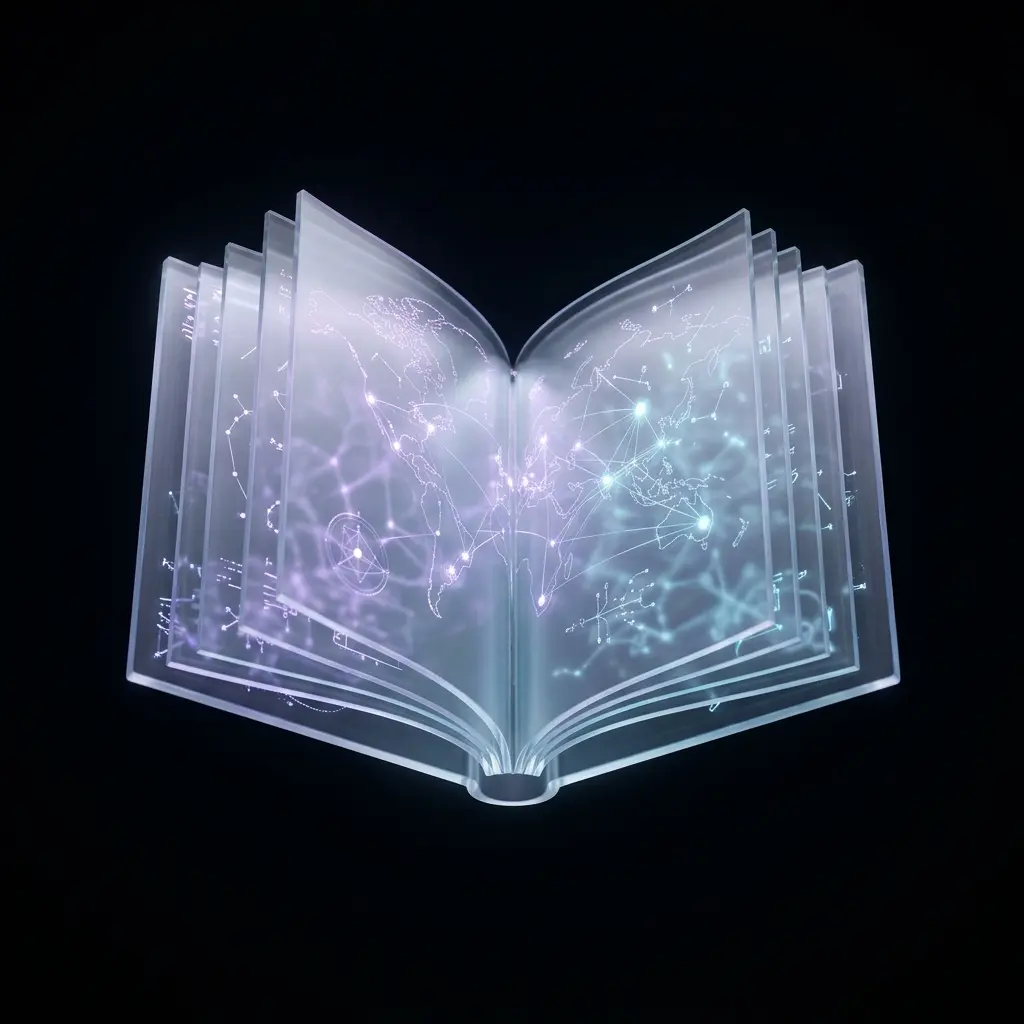 Minimalist 3D open book with clear glass pages and neon laser-etched knowledge maps.